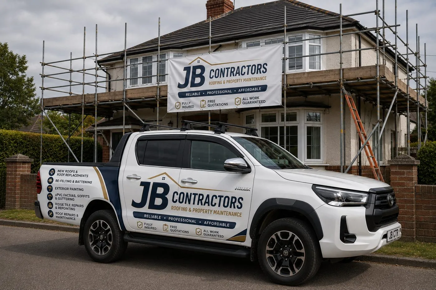 Axminster Roofing pickup truck on site at a scaffolded roofing job in Axminster